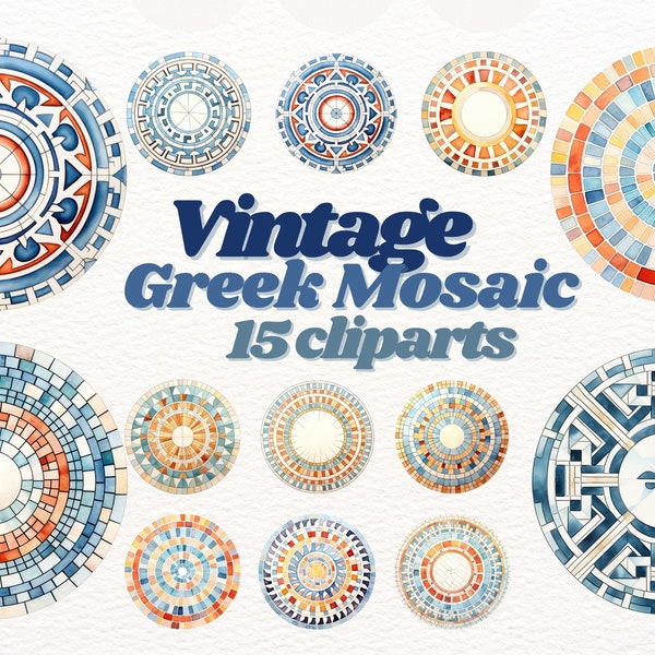 Watercolour Vintage Greek Mosaic Clipart bundle, vintage home decor, anient mosaic, greek decor, scrapbooking, greek png, geometric clipart