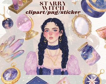 Pacchetto di clipart di streghe celesti, set di adesivi wicca celesti, adesivi goodnote magici, png trasparenti, journaling, scrapbooking, grafica occulta