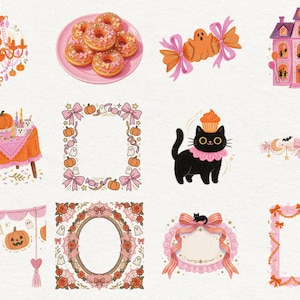 May include: A collection of digital illustrations featuring a chandelier, donuts on a plate, ghost candy, a pink house, a table with pumpkins, decorative frames, a black cat with a cupcake, a banner, and floral borders in pink and orange.