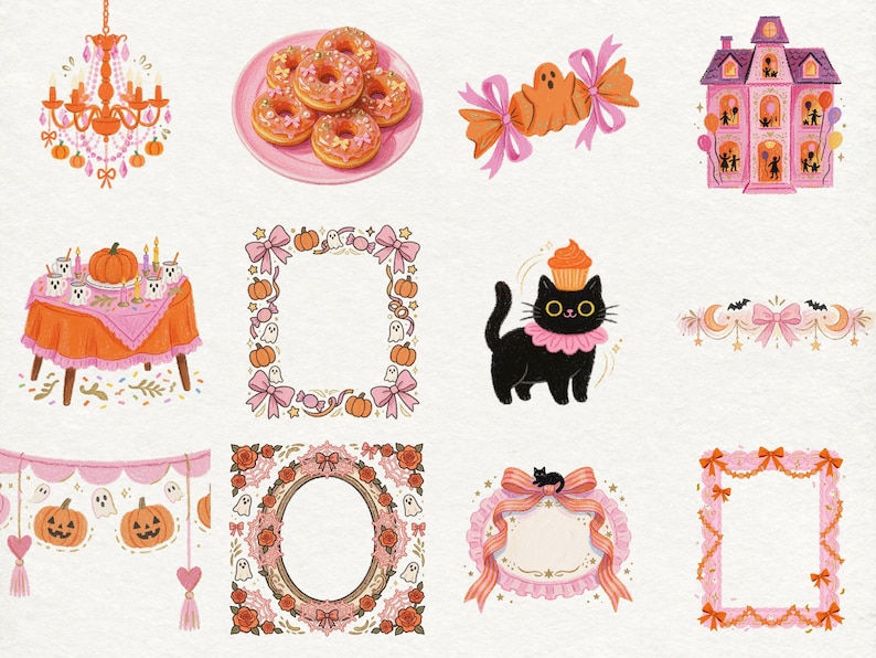 May include: A collection of digital illustrations featuring a chandelier, donuts on a plate, ghost candy, a pink house, a table with pumpkins, decorative frames, a black cat with a cupcake, a banner, and floral borders in pink and orange.