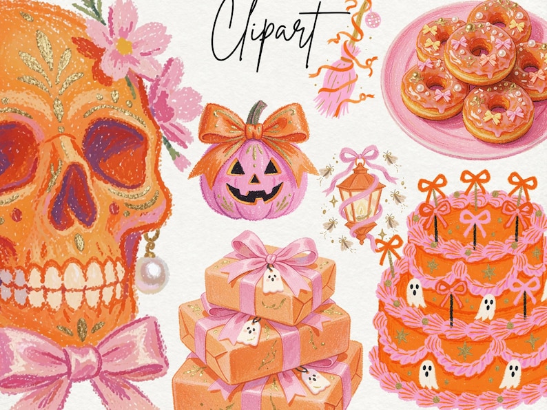 Pink Orange Halloween Clipart, Coquette Goodnotes Stickers, Scrapbook Frames, Planner Headers, Digital Journal Decor PNG image 2