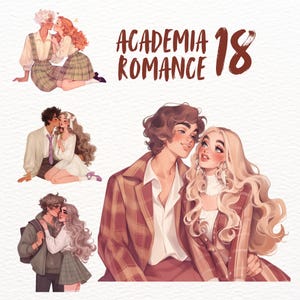 Light Academia Paar Aquarell Clipart Set Junge Liebe Digitale Aufkleber, Valentinstag PNG, Planer Grafiken Sofortiger Download Kommerziell