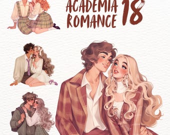 May include: Three illustrations of couples in various poses. The first couple is wearing school uniforms and holding hands. The second couple is sitting on a bench and holding hands. The third couple is standing close together and looking at each other. The text "ACADEMIA ROMANCE 18" is written in the top right corner of the image.
