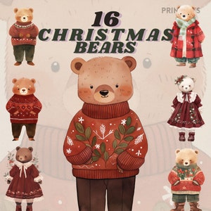 Pacchetto clipart orso natalizio dell'acquerello, cottagecore, clipart accogliente, clipart invernale, adesivo digitale, vintage, rustico, romantico, sognante