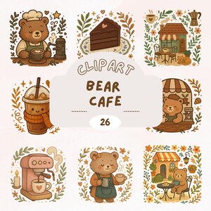 Adesivi digitali Vintage Cozy Bear Cafe, pacchetto di clipart 2D AI con atmosfera da caffetteria, PNG Goodnotes, set di diario digitale del sole, trasparenti