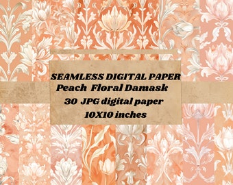 Pink Peach Damask Digital Paper, rustic vintage textured paper, scrapbook textures, Peach floral paper instant download, seamless pattern