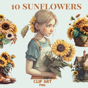 clipart tournesol aquarelle, png tournesol, clipart fleur, clipart d’été, clipart bouquet de tournesol, scrapbooking, clipart cottagecore