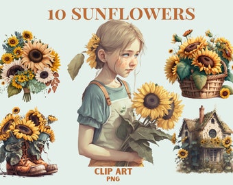 clipart tournesol aquarelle, png tournesol, clipart fleur, clipart d’été, clipart bouquet de tournesol, scrapbooking, clipart cottagecore
