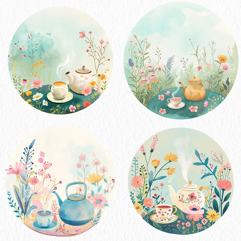Watercolour Vintage Spring Tea Digital Sticker Bundle, Guache, Spring ...