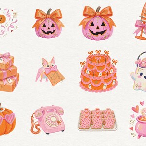 May include: A collection of twelve digital illustrations featuring Halloween-themed items in pink and orange color palettes, including jack-o'-lanterns with bows, a skeleton hand holding a glass, gift boxes, a bat, a cake, a ghost bucket, a pumpkin with heart glasses, a rotary phone, cookies, and a cauldron.