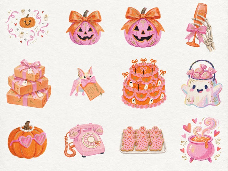 May include: A collection of twelve digital illustrations featuring Halloween-themed items in pink and orange color palettes, including jack-o'-lanterns with bows, a skeleton hand holding a glass, gift boxes, a bat, a cake, a ghost bucket, a pumpkin with heart glasses, a rotary phone, cookies, and a cauldron.