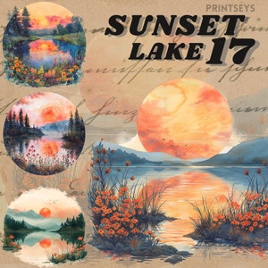 Aquarel romantische zonsondergang meer digitale sticker, clipart bundel, romantische lezing zomer waterkant digitale sticker, serene lezing, boeken,
