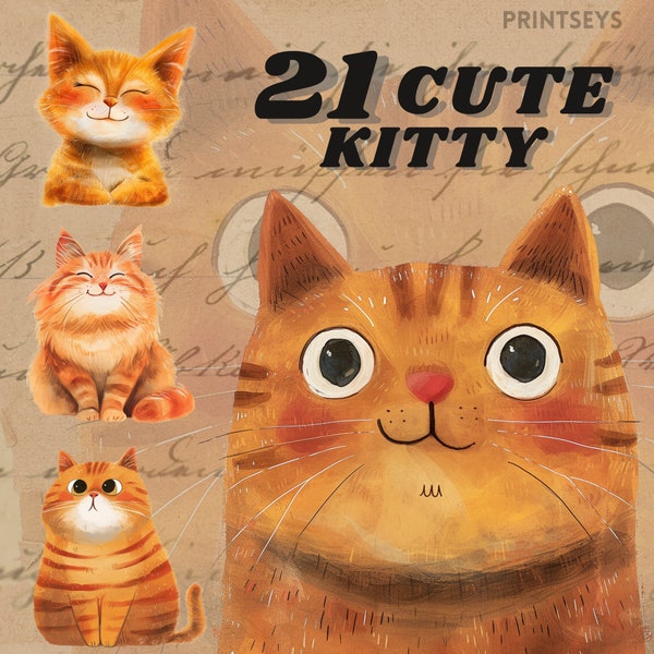 Quirky Ginger kitten digital stickers, valentine png, cat png, cute cat clipart, cute clipart, funny striped cat clipart bundle, commercial