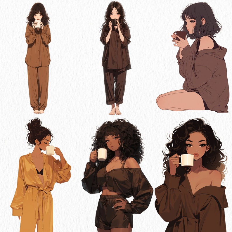 May include: Five women with different hairstyles and clothing styles are holding mugs. The women are wearing a variety of outfits, including a brown dress, a brown shirt, a yellow robe, a brown shirt, and a brown dress. The women are all looking at the camera.