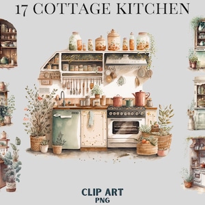 Aquarel Cottagecore Kitchen Clipart Bundle, Cottage wonen, boerenleven, platteland, kippen, rustiek leven, eenvoudig, gezellig