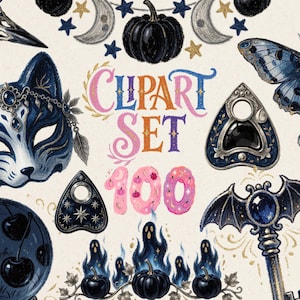 May include: A digital illustration set featuring mystical elements including a cat mask, a moth, a crystal ball with cherries, planchette boards, a bat-winged key, and pumpkins with blue flames. The text reads CLIPART SET 100 in colorful letters.