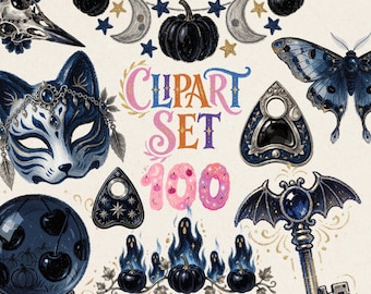 Witchy Fall Clipart Bundle: 100 Occult Halloween PNGs, Black Cats & Gothic Frames