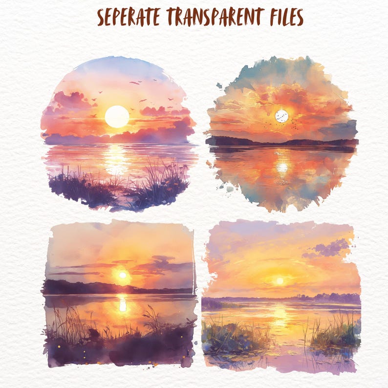 May include: Four watercolor paintings of a sunset over a lake. The paintings are in different styles and colors, but all feature a bright orange sun setting over a calm lake. The paintings are all framed in a white border.