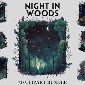 Paquete de imágenes prediseñadas de acuarela Night in Woods Frame, estética oscura, floral, imágenes prediseñadas de madera, marcos, bordes, álbum de recortes