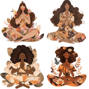 May include: Four women meditate in a lotus pose surrounded by floral patterns in shades of brown, orange, and yellow. Each woman has long dark hair and wears a floral patterned dress.