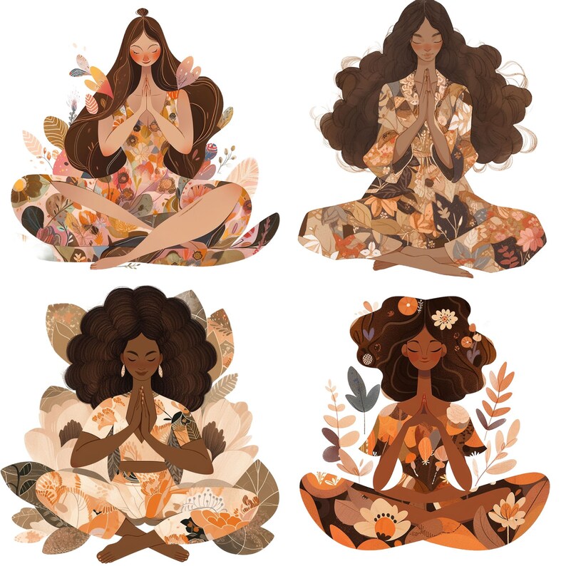 May include: Four women meditate in a lotus pose surrounded by floral patterns in shades of brown, orange, and yellow. Each woman has long dark hair and wears a floral patterned dress.