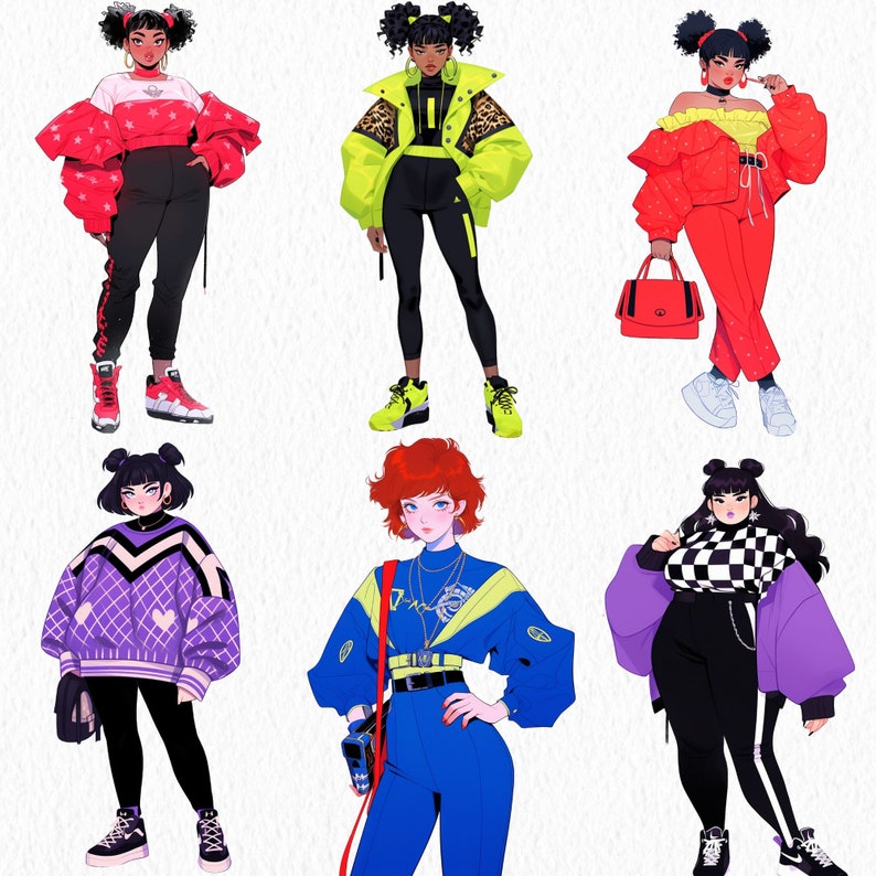 May include: Six illustrated characters wearing different outfits. The characters are all women with different hairstyles and accessories. The outfits include a red and white jacket, a green and black jacket, a red and white jacket, a purple sweater, a blue jumpsuit, and a purple jacket with a black and white checkered shirt.