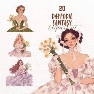Fantasy Narzisse Mädchen Clipart Bundle, Goodnotes Aufkleber, florales Png, digitales Journaling Set, transparentes Bild