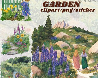 floral garden sticker set, summer spring garden clipart bundle,  transparent png set, digital journal academia stickers, scrabooking digital