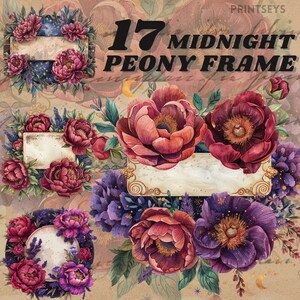 May include: A digital download of 17 printable frames featuring watercolor illustrations of burgundy, pink, and purple peonies with gold accents. The frames are perfect for adding a touch of elegance to your digital projects.
