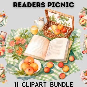 Aquarel perzik lezing picknick clipart bundel, boek clipart, boekenwurm clipart, clipart, geopend boek lezen