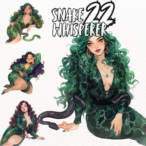 Conjunto de clipart de bruxa sussurradora de cobras Wicca, estilo oculto PNG adesivo de vibrações de bruxa, Download digital oculto aconchegante, Gráfico estético feminino