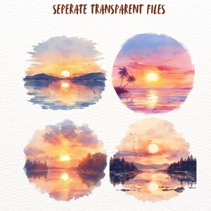 May include: Four watercolor paintings of sunsets over water. Each painting features a different scene, including a palm tree, a mountain range, and a forest. The sunsets are all painted in shades of pink, orange, and yellow.