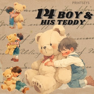 Cute Vintage Boy and her giant teddy bear digital sticker, kawaii toddler png, plushie clipart, commercial, cute transparent png, journalin