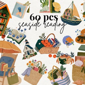 May include: A collection of 60 seaside reading themed illustrations. The image features a variety of watercolour images including books, a beach chair with an umbrella, a sailboat, a lighthouse, and baskets filled with books and fruit.