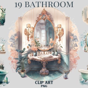 May include: A set of 19 watercolor illustrations of bathroom interiors and accessories. The illustrations feature a variety of styles, including traditional, modern, and eclectic. The illustrations are perfect for use in a variety of projects, such as scrapbooking, card making, and digital design.
