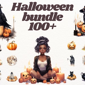 Aquarel halloween clipart bundel, griezelige clipart, magische clipart, heksen png, tarot, occulte clipart, pompoenen, grim reaper, grafsteen