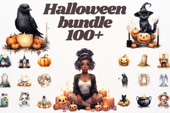 Watercolour halloween Clipart Bundle, spooky clipart, magical clipart, witches png, tarot, occult clipart, pumpkins, grim reaper, gravestone