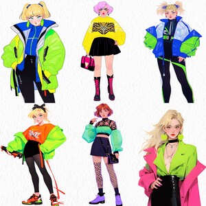 May include: Five illustrations of women wearing colorful and stylish outfits. The women are wearing different hairstyles, including pigtails, short hair, and long hair. The outfits include a green and blue jacket, a black and white jacket, a green and black jacket, a green and black crop top, and a pink and green jacket.