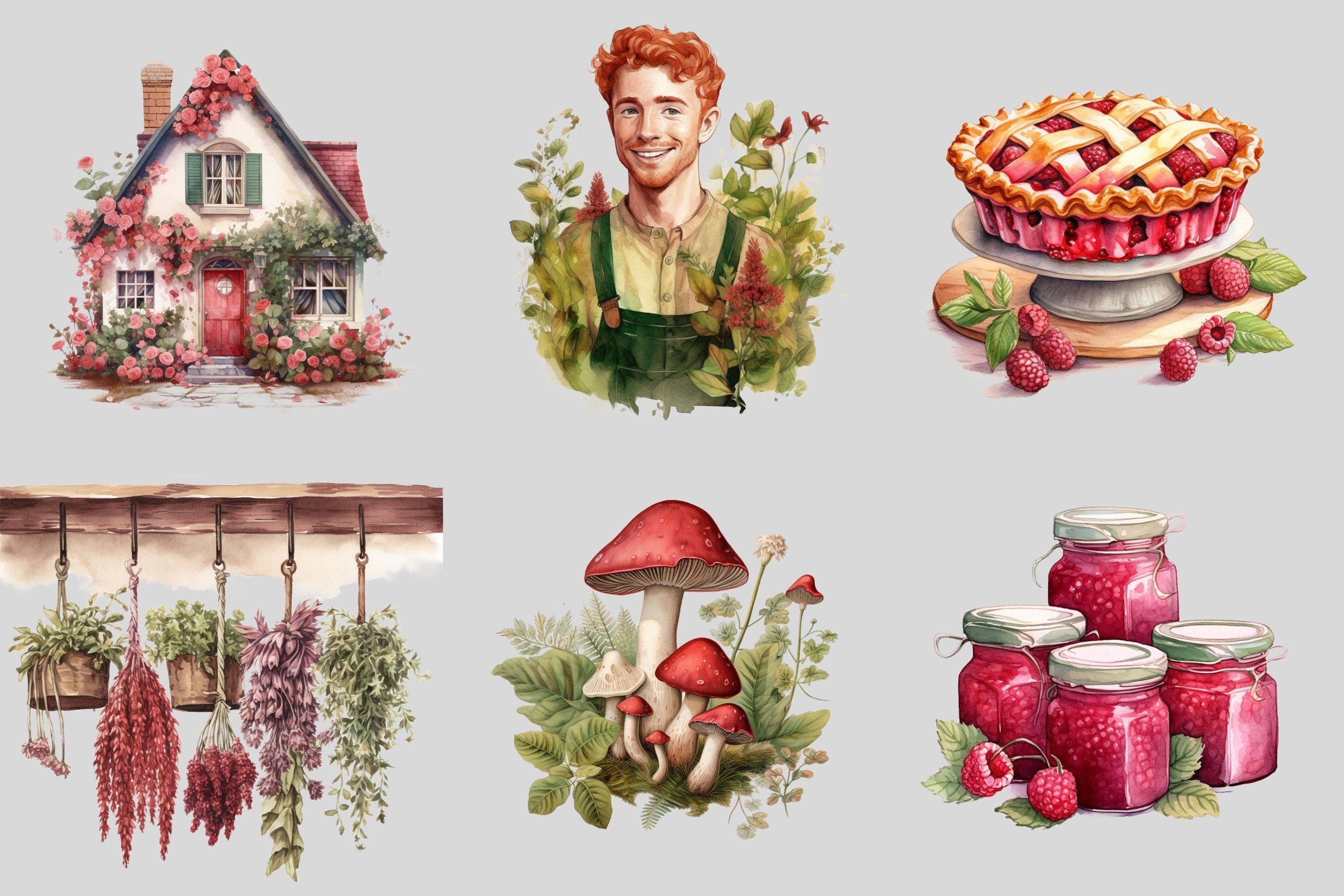 Watercolour Raspberry Cottagecore Clipart Bundle , Cottage Living, Farm ...