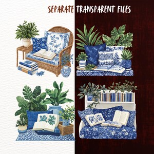 Puede incluir: Una ilustraci&oacute;n digital de tres escenas con muebles, plantas y libros con patrones azules y blancos. La primera escena muestra un sill&oacute;n de mimbre con cojines con patrones azules y blancos, una pila de libros y una planta en maceta. La segunda escena muestra un banco con patrones azules y blancos con un libro, una planta en maceta y un jarr&oacute;n. La tercera escena muestra una estanter&iacute;a blanca con libros, una planta en maceta y un banco con patrones azules y blancos con un libro.