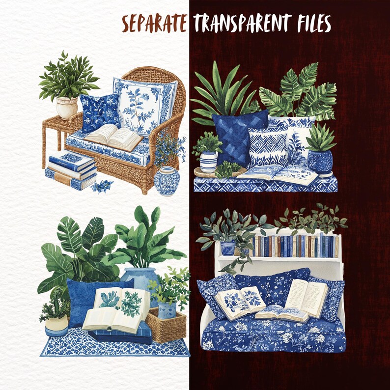 Puede incluir: Una ilustraci&oacute;n digital de tres escenas con muebles, plantas y libros con patrones azules y blancos. La primera escena muestra un sill&oacute;n de mimbre con cojines con patrones azules y blancos, una pila de libros y una planta en maceta. La segunda escena muestra un banco con patrones azules y blancos con un libro, una planta en maceta y un jarr&oacute;n. La tercera escena muestra una estanter&iacute;a blanca con libros, una planta en maceta y un banco con patrones azules y blancos con un libro.