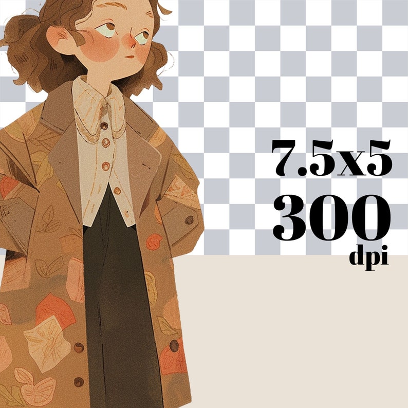 May include: A cartoon illustration of a person wearing a brown coat with a floral pattern. The person has brown hair and is wearing a white shirt with a collar.