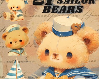 Cute sailor bears digital sticker, kawaii bears png, valentines day , transparent,instant download, cute sailor bear clipart, sailor outfit