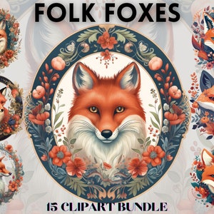 Traditional Folk Foxes Clipart Bundle, Oriental foxes, Fox portrait clipart, vintage clipart, fairytale clipart, flat clipart, 2d