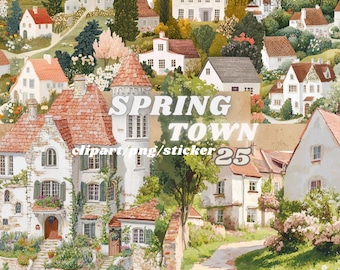 Vintage Spring Town clipart bundle, vintage architecture digital sticker, victorian city png, scrapbooking, travel clipart, transparent png