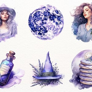 May include: A set of watercolor illustrations featuring a witch, a moon, a bottle of potion, a witch's hat with lavender, and a stack of purple cookies. The illustrations are painted in shades of purple and blue, with a starry background.
