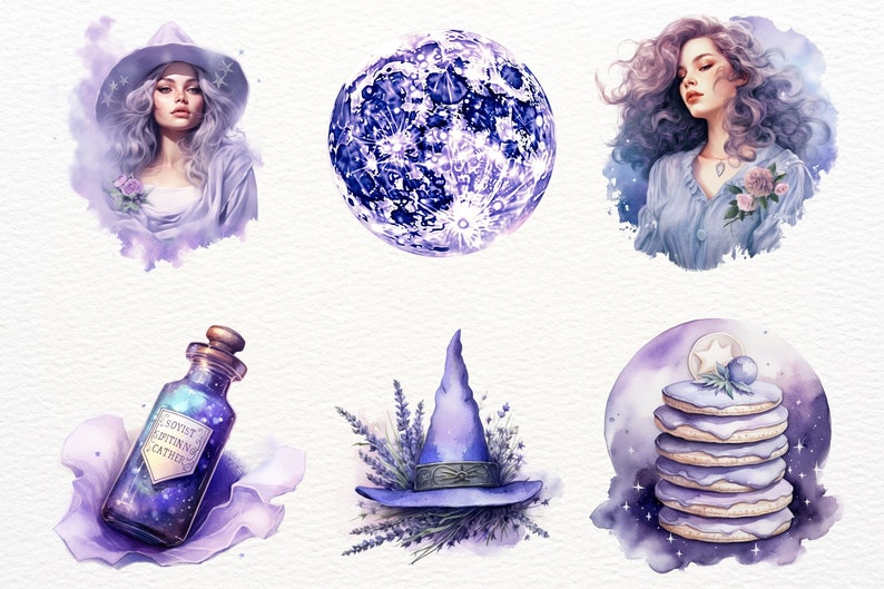 May include: A set of watercolor illustrations featuring a witch, a moon, a bottle of potion, a witch's hat with lavender, and a stack of purple cookies. The illustrations are painted in shades of purple and blue, with a starry background.