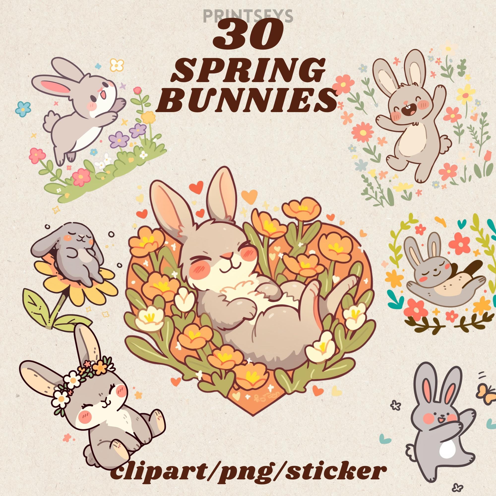 Spring Bunnies Digital Stickers, 2D Flat Floral Rabbit Clipart ...