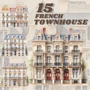 Pacote de clipart de casa francesa vintage, adesivo digital de arquitetura vintage, png francês, scrapbooking, clipart de viagens, transparente