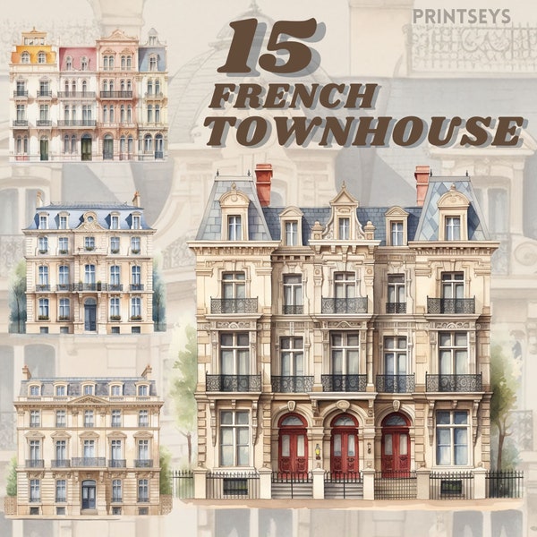 Vintage French townhouse clipart bundle, vintage architecture digital sticker, french png, scrapbooking, travel clipart, transparent